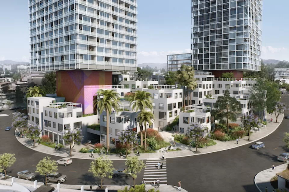 A conceptual rendering of a large development including two high-rises and several smaller buildings.